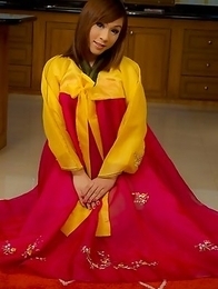 Ladyboy Patty rips her pantyhose wide open in Korean dress