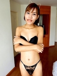 18 year old horny Thai shemale Natty striptease to black panties and hard cock