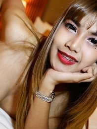 Pretty 26yo Thai ladyboy May gets a mouthful of cum from big white cock